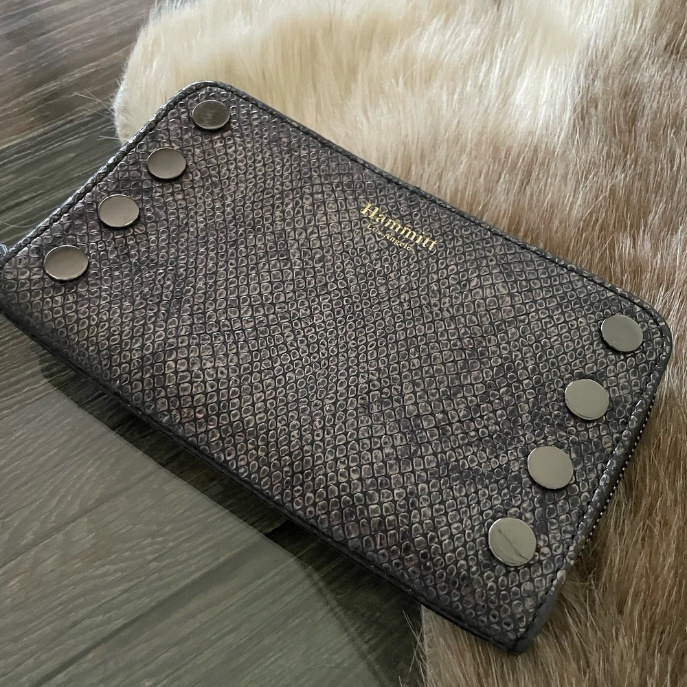 HAMMITT Los Angeles Metallic Pewter Snake Leather Studded Zip Around Wallet EUC